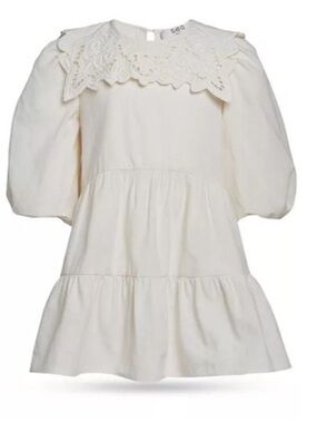 Sea Anita Puff Sleeve Dress Girls 10Yrs Cream Linen Round Neck Lace Back Button
